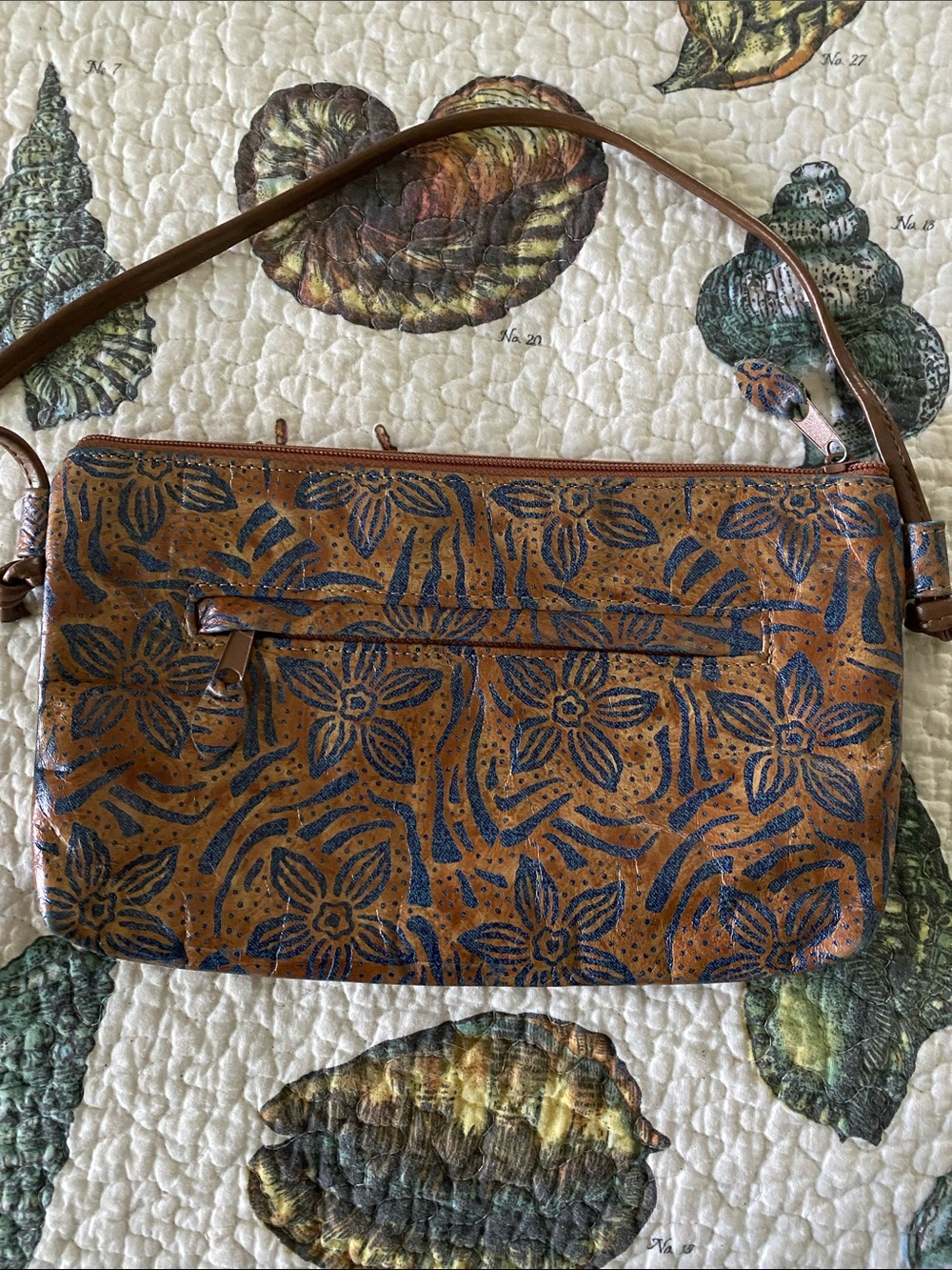 Pinky Leather Floral Crossbody Bag in Brown and Navy